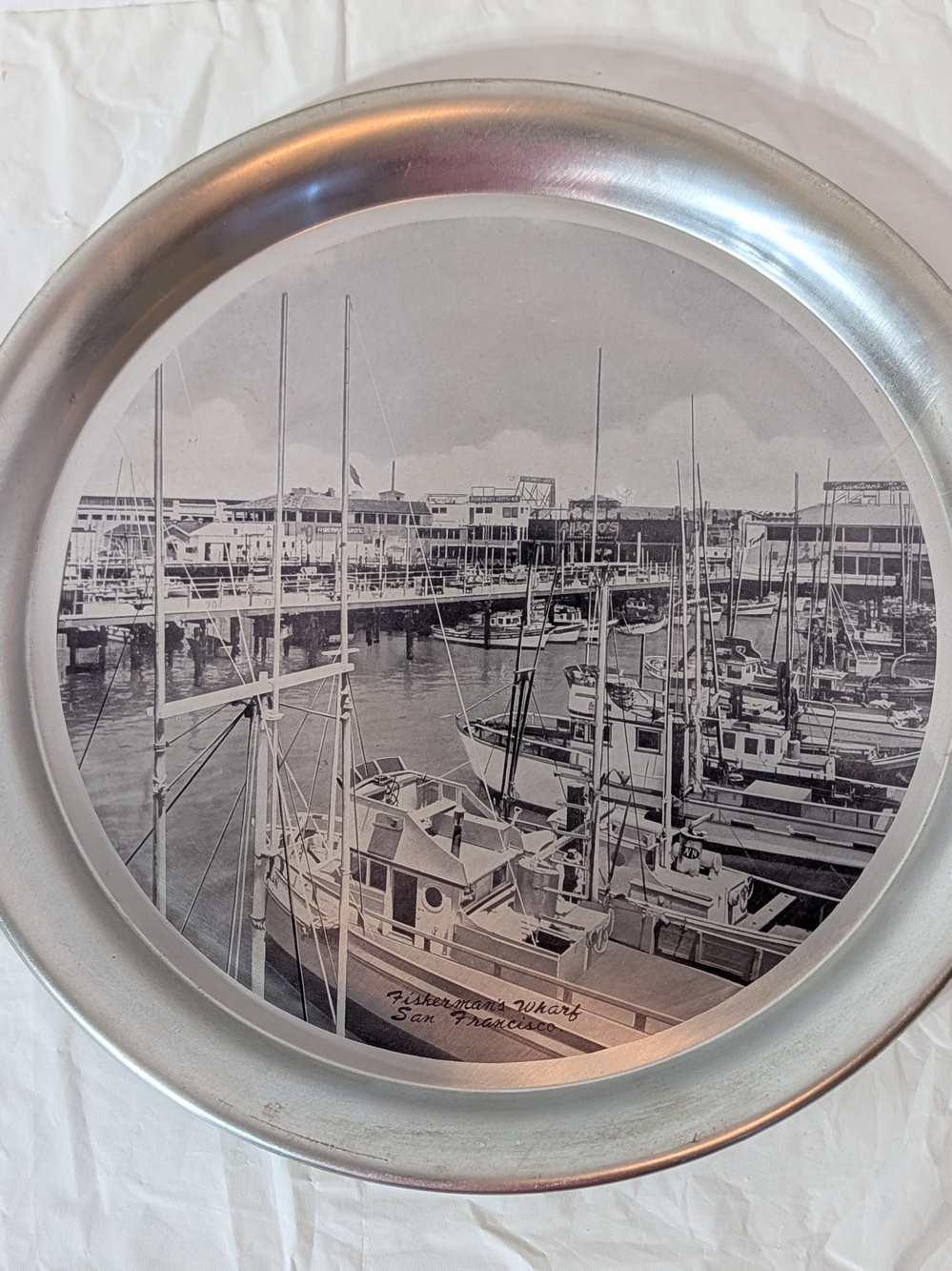 Fisherman's Wharf San Francisco VGT Silver-Tone Metal Round Tray - Harbor Scene